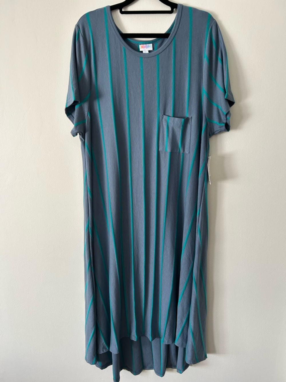 LuLaRoe Carly Gray Maxi Dress with Teal Stripe High-Low Hem